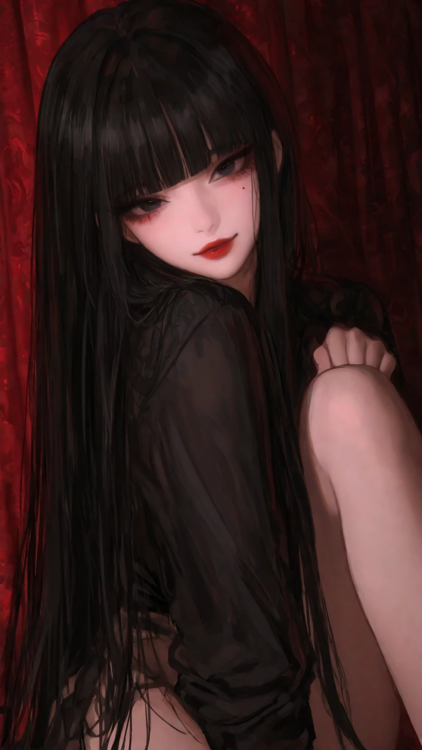 Highest quality、Masterpiece、Highest detail、Japanese Yokai、A naked woman with small breasts floating in the darkness、Hell Girl、Spread your legs wide to show your vagina、Vermilion eyeliner、Glare、Feeling fear、Red background、Multiple exposure dense fog