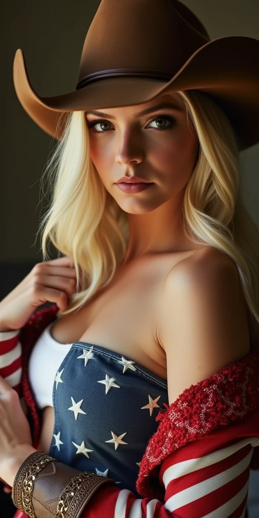 short messy hairstyle, a close up of a naked woman wrapped in an American flag, flag folded around her naked body, wearing an american flag cape, a screenshot by Adam Rex, tumblr, tachisme, american flag wrapped around her body, sexy body, her hand is on her waist, sexy hot body, touching her clothes, sexy look at the camera, intriguing outfit, shy girl, hair covering her eyes, side view, viewed from the side, long shot, long body shot, full length picture, Louboutin, perfect bottom, heels, high heels, bashful pose, hands on her head, hands in her hair, candid pose, candid picture, faint smile, looking towards the floor, head bent forward, looking away from camera, portrait, very sexy pose, ready to be fucked, inviting pose, inviting for sex, seductive pose, very attractive, breathless pose, sexy face, dreamy scene, firmly holding her breasts, hands on her breasts, pushing her breasts together, backlighted, back lit, curvy accentuated booty, cleavage enhancing breasts, very large breasts, deep cleavage, flirty pose, sensual pose, seductive pose, confrontation pose, (messy bob hairstyle, white blond hair color), messy hairstyle, messy bob, messy hairstyle, white blond, 5 foot 3 inches tall, 110 pounds in weight, 34G breasts, large firm round breasts, very large breasts, cleavage, photorealistic, 4K, 8K, UHD