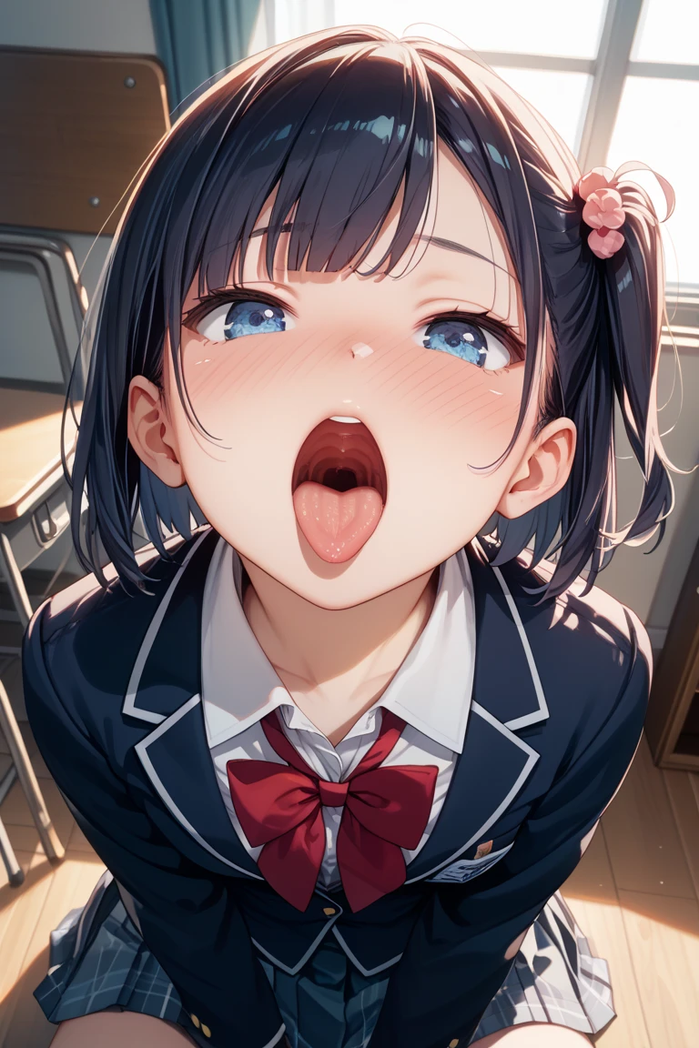 (((masterpiece, Highest quality, High resolution, 超High resolution, Pixel perfect, Written boundary depth, 4K, About RTTX10.0))), Beautiful Anime Women, Beautiful art style, Anime characters, ((Smooth texture, Realistic texture, Anime CG Style)), Exact finger count、Exact number of legs、(Exact number of arms:1.0, Exact number of hands:1.0), (Perfect hands, Perfect Anatomy), Cinematic, Realistic, Highly detailed CG, Daytime lighting, Perfect lighting, Best Shadow, The best natural light, whole body, Perfect body, (Slender body:1.2), whole body, ((bangs, Dark brown hair, Bobcut)), ((One woman is kneeling, looking up and gazing open-mouthed., sleep:1.4)), ((Beautiful eyelashes)), ((Detailed face, Blushing:1.2)), (Beautiful and large breasts:0.9), (Amazingly beautiful girl), (School classroom:1.3), (Fashionable white shirt, Sailor collar, Navy blue sailor suit, Knee-high socks, Navy pleated mini skirt:1.3), (Open your mouth wide:1.5), ((close your eyes:1)), ((cute, Sighing expression)), Breathe with your shoulders, sexual pleasure expression, Holding in pee、Patience is the limit、On the brink of climax, (Perfect Anatomy, Perfect number of arms, Perfect hands)、(cum on face, cumin mouth:1.7), Look up, A 'Phew' sound, Surprised expression, Angle from above right, (My face is covered in sticky white liquid, There is a lot of sticky in the mouth:1.7)