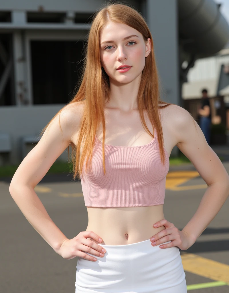 a 16 y.o. trashy girl, ginger girl very pale skin full of freckles, pink, blue, yelow... top and miniskirt,very thin, very very large puffy ears, big long nose,flat stomach, recording a in an abandoned airport full of abandoned airplanes, dynamic poses,