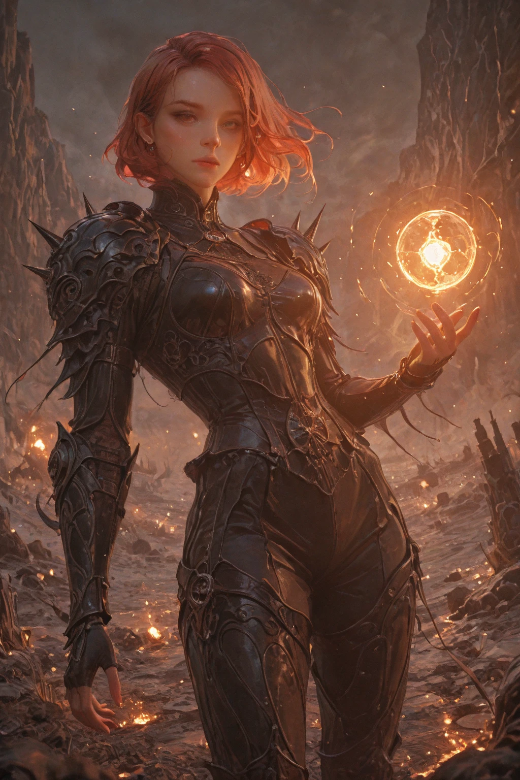 masterpiece, best quality, detailed, (stone female golem) , tight dress, (magic circle:1.3), casting spells, fantasy, purple power, power, fire, meteor, mage, high-resolution, medieval village, storm, burning, village street, rock, dirt <lora:MagmaTech-20:1.2>,MagmaTech, lava,dark steel , (symbols:1.1), orange eyes, glowing eyes, black sclera, flowing face marks , perfect feminine face ,( fiery glowing hair:1.2), <lora:Glowing art:0.5>