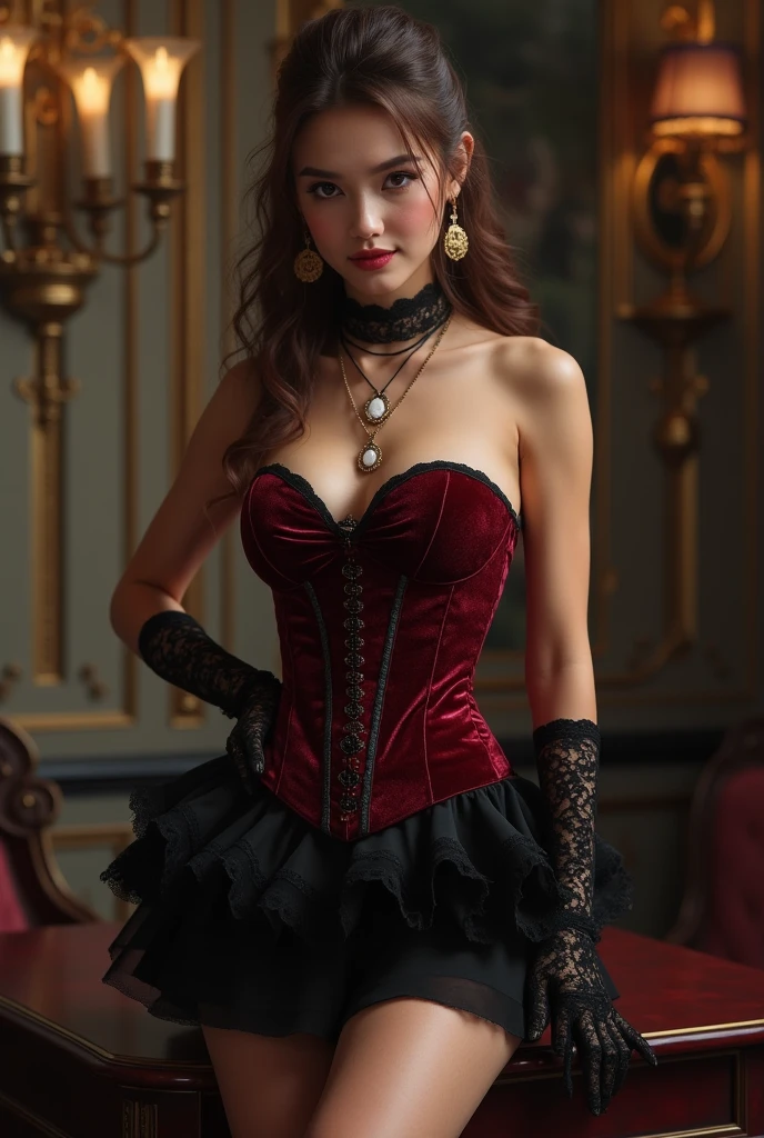 medieval clothes, 10 years old girl, huge gigantic lifted squeezed breasts, dark lipstick, innocent face, huge sexy lips, blond straight hair, black tight choker, huge red hot slightly opened lips, hot, small weist, corset, innocent girlish hot smirk, exposed shoulders, in a royal very expensive medieval red gala dress, kind, shy