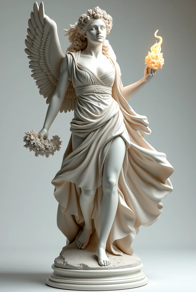 Envision a majestic marble sculpture set against a warm golden background, reminiscent of ancient Greek art. The subject, inspired by classical philosophy, stands triumphantly, its wings outstretched like those on the iconic Winged Victory of Samothrace. The delicate curves and folds of its drapery evoke Venus de Milo's serenity, while the subtle tension in its pose recalls the drama of the Dying Gaul. Soft natural light illuminates the composition, casting a gentle glow on the subject's classical features.