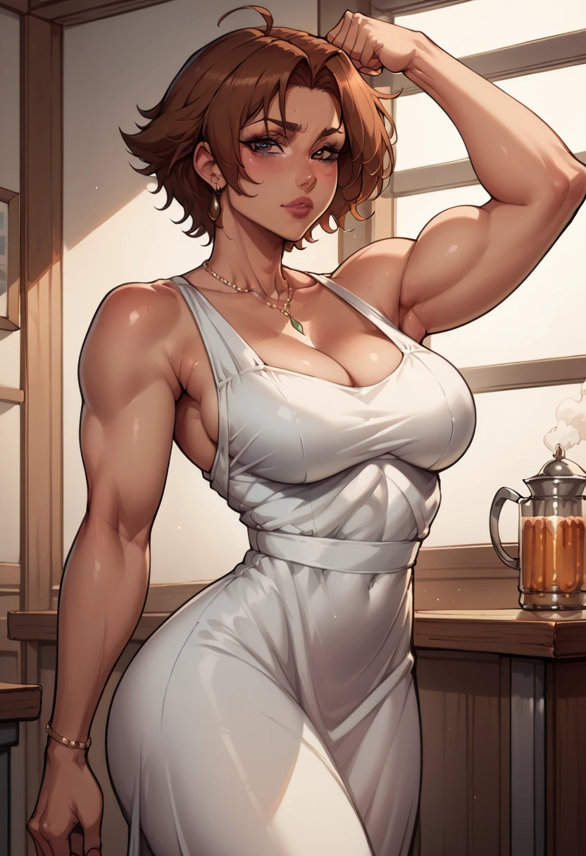 Muscular,women,female,brown hair,yellow eyes,Apron,green,skirt,she is in a garden,flowers,Glasses,an exposed leg,smile ,solo, bigbreasts,sexy,(Hypermuscle:1.1),