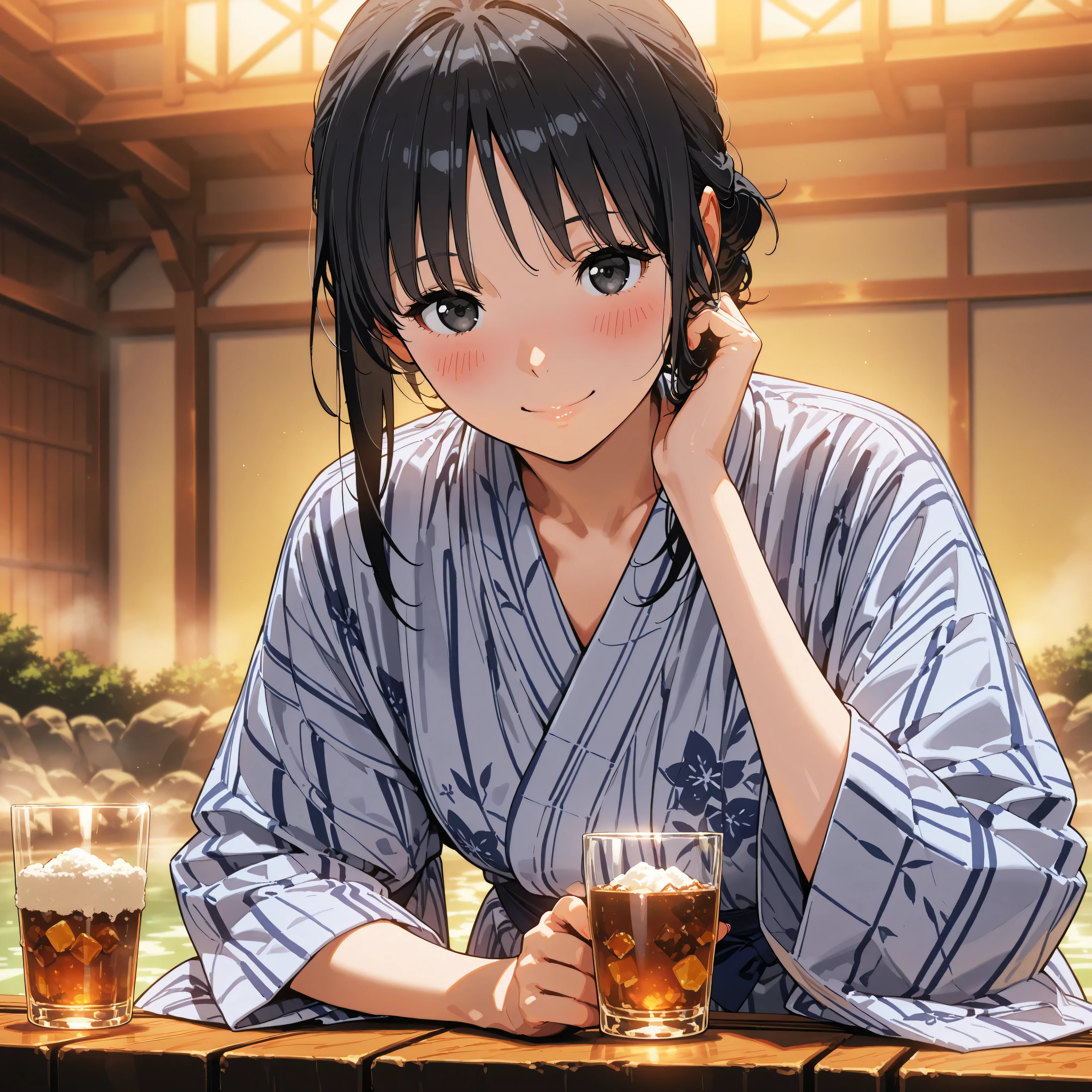  score_9 Up the Side, score_8_ Up the Side, score_7_ Up the Side, masterpiece, top quality,  source animation,  photorealistic,  Super Real, 8k,Super Detailed,  very detailed,BRAKE Kiri Mikage  、Bang Hair ,black hair ,black eyes ,glass ,ryokan yukata ,stands in the middle of the night ,,Hot Springs ,blush,smile 