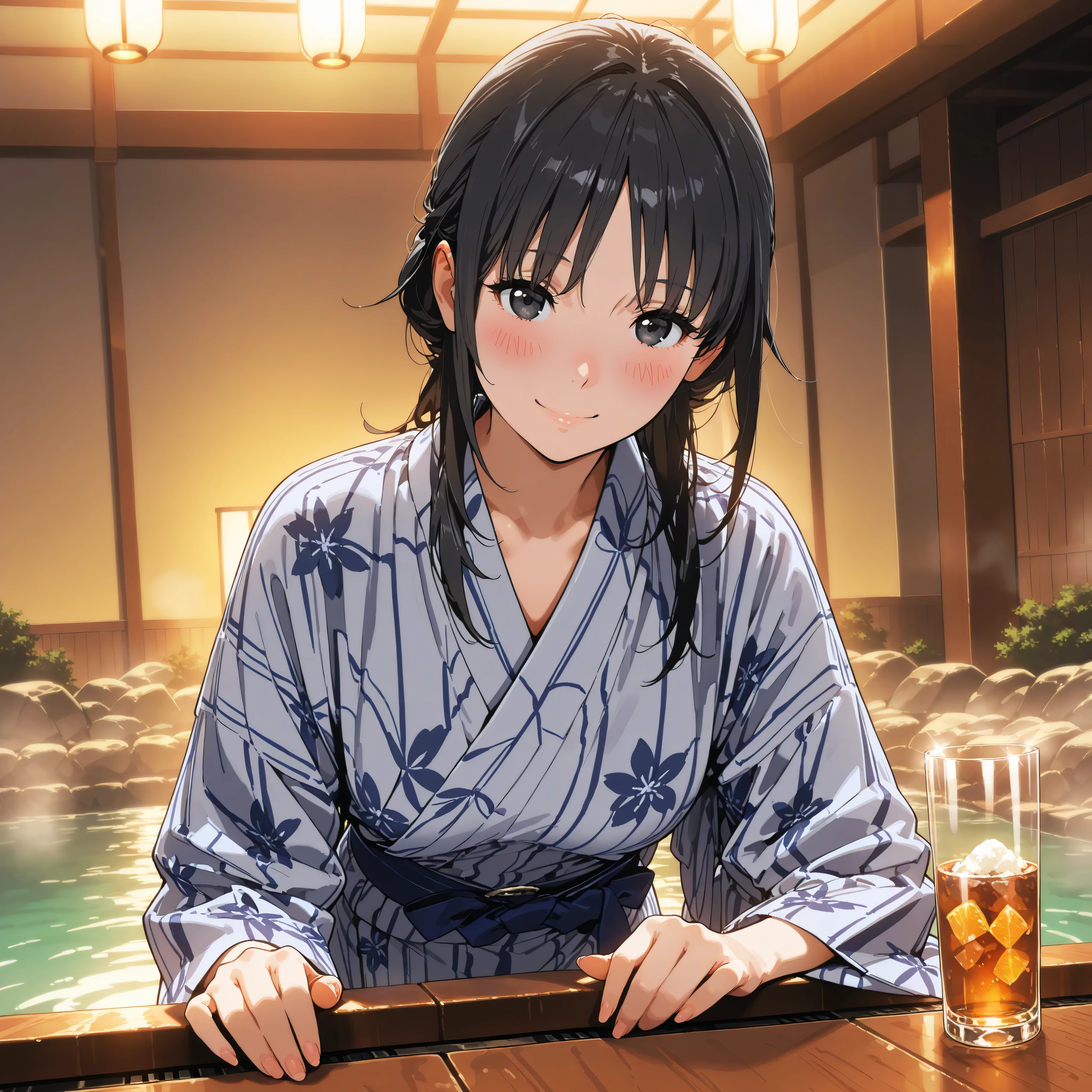  score_9 Up the Side, score_8_ Up the Side, score_7_ Up the Side, masterpiece, top quality,  source animation,  photorealistic,  Super Real, 8k,Super Detailed,  very detailed,BRAKE Kiri Mikage  、Bang Hair ,black hair ,black eyes ,glass ,ryokan yukata ,stands in the middle of the night ,,Hot Springs ,blush,smile 
