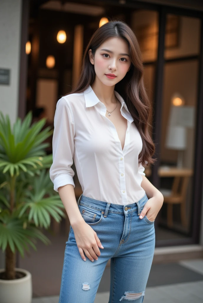 (Masterpiece: 1.3), (Photo Realisticity: 1.2), (Very Detailed CG: 1.0), (Complex Detail: 1.2), Textured Skin, {Best Quality}, {Highres}, Beautiful and Charming Girl, Bust Photo, Sexy Beautiful Legs, 18 years old, Delicate and charming little face, Smiling, Slim and charming body, Delicate and charming collarbone, Sapphire necklace, air bangs, Black hair, bright big eyes, pink lips, double eyelids, deep cleavage, (transparent white silk shirt, skinny denim super shorts), standing in front of subway station waiting for train, bright background, 8K HD, super detail, high quality texture, complex detail, detailed texture, fine detail, high detail, very detailed CG, delicate beautiful and delicate face