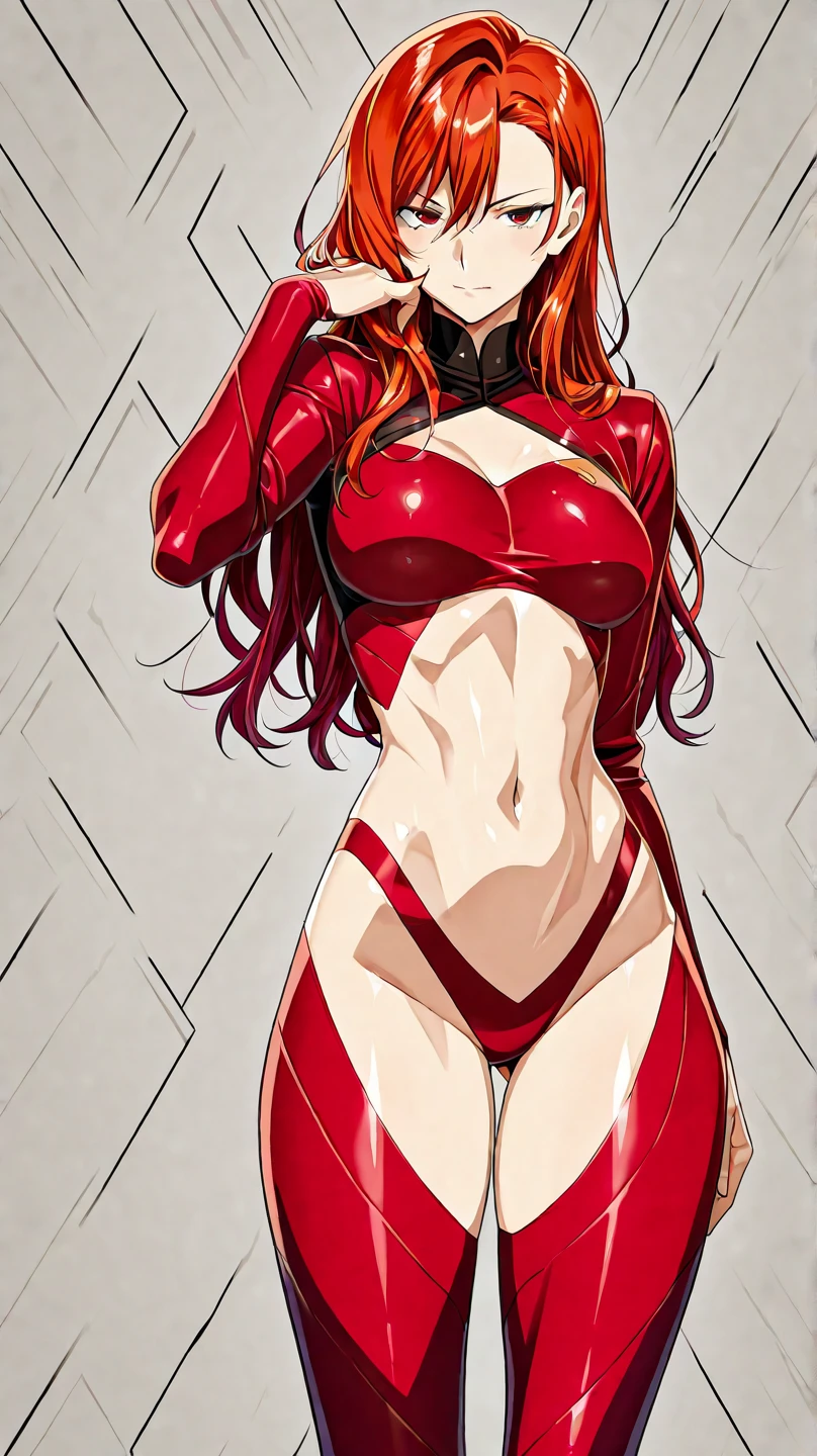 Sexy Hermaphrodite, Plump, pursed lips, Smooth Skin, Blonde with bangs..Crystal blue eyes with smoky eyeshadow and black eyeliner, Black semi-matt lipstick, Dark Skin, A frivolous, proud smile, Red hair.Full body image、Plain white background、Red thigh-high boots with red stiletto heels.Red harness。、Full body angle from the front、BDSM、Pin-up girl style
