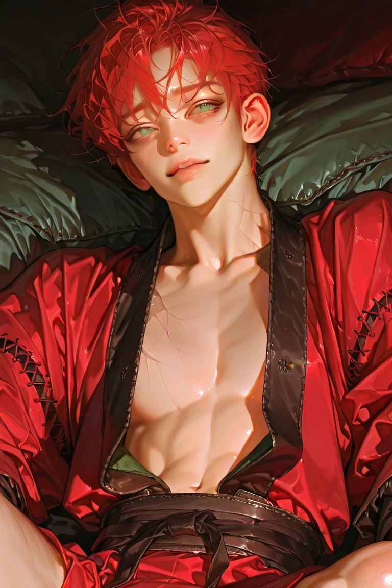 Young man, with skin as white as snow, with orange hair, red and gold and deep yellow eyes, posing fror a picture.