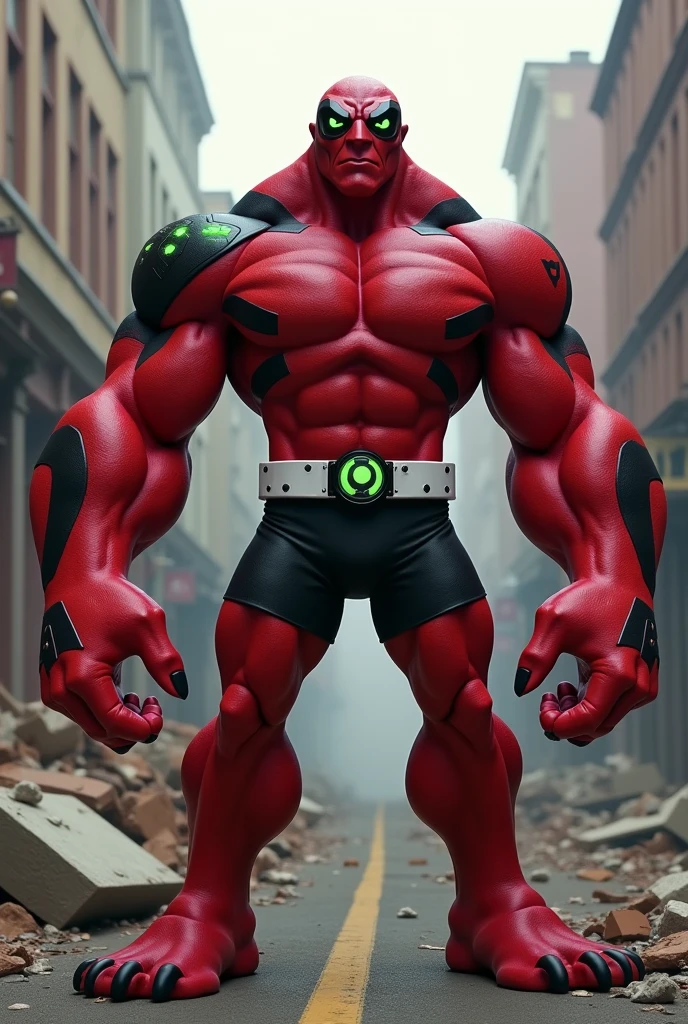 Big red skinned men, muscular, with four arms, four yellow eyes, black fingerless gloves, Black pants, White t-shirt with a black stripe down the middle and over the shoulders, black stripe down the middle of the face, On the shoulder a black circle with a green hourglass inside