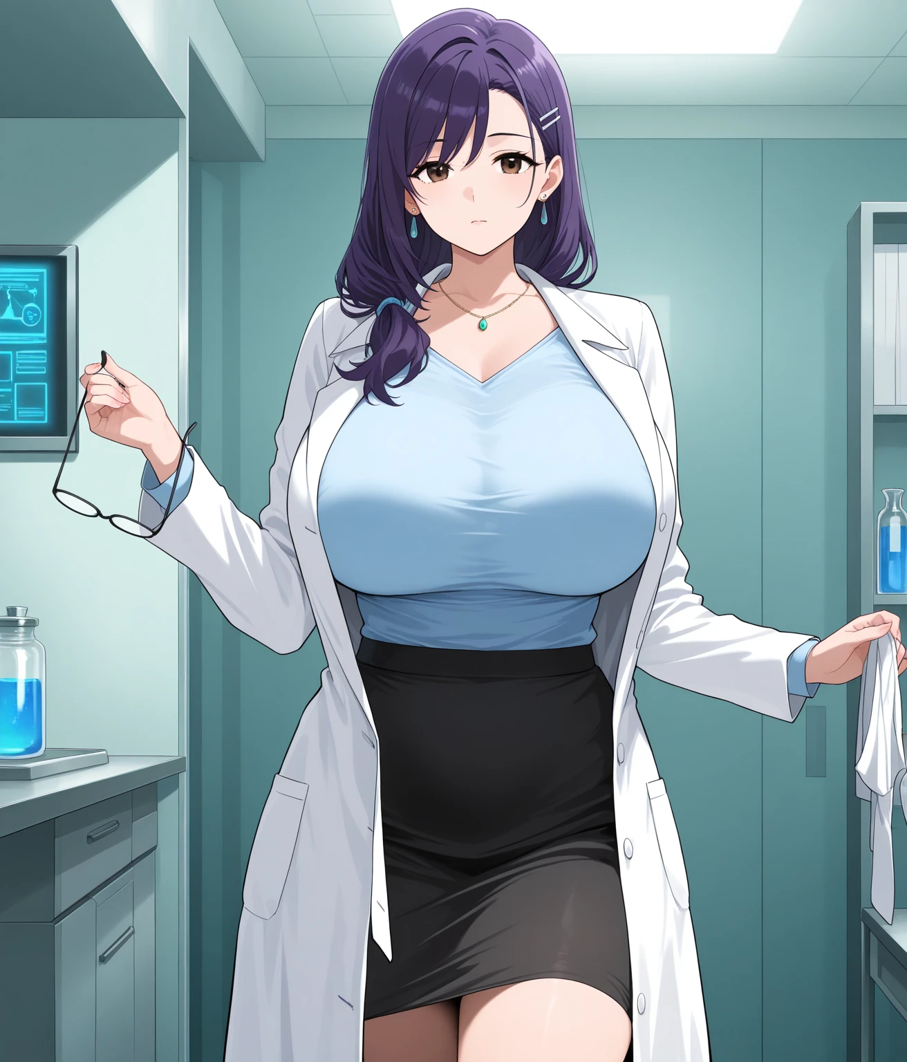 Pokémon、Orange Islands、Dr. Uchikido、big tits milf、big tits milf、big tits milf、Messy purple hair with outer edges、A doctor with droopy eyes and a sexy atmosphere、A shockingly sexy figure wearing a high-leg swimsuit with an risqué angle under a white coat、Changes in Pokémon in the subtropics、Orange shirt、pencil skirt、look at viewer、big breasts、cowboy shot、indoor、Research room、white theme、computer、smile、narrow your eyes