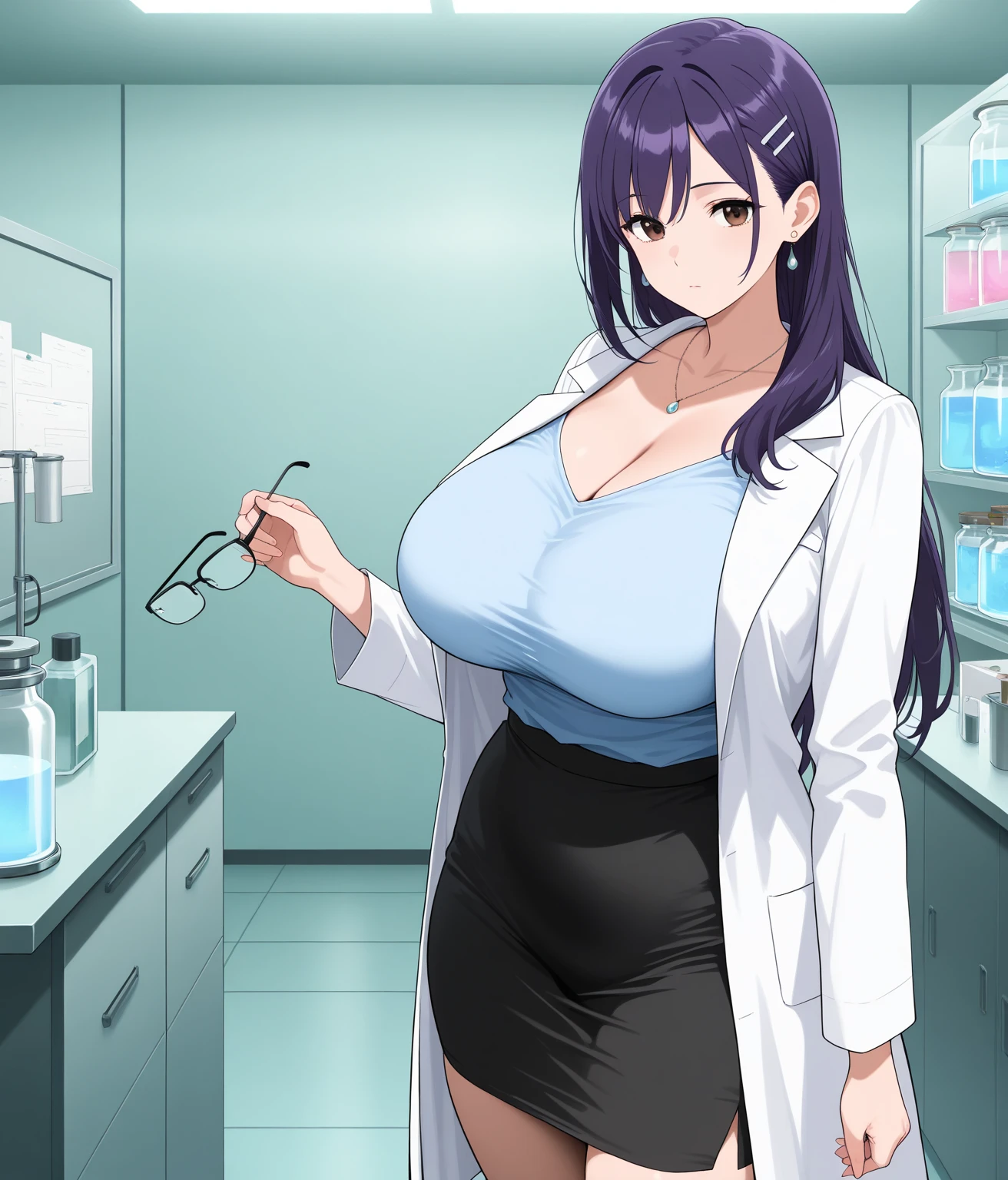 (pink dress), black short skirt, lab coat, nursery room background, NJAkiV4, oda non style, anime cels style, purple eyes, best quality, high resolution, sexy pose, sitting on table, (huge breasts:1.4), cowboy shot, blush, embarrassed, smile, 1 girl, 20yo,Young female,Beautiful Finger,Beautiful long legs,Beautiful body, Beautiful Nose,Beautiful character design, perfect eyes, perfect face,expressive eyes, perfect balance, looking at viewer,(Focus on her face), official art,extremely detailed CG unity 8k wallpaper, perfect lighting,Colorful, Bright_Front_face_Lighting,White skin, (masterpiece:1.0),(best_quality:1.0), ultra high res,4K,ultra-detailed, photography, 8K, HDR, highres, absurdres:1.2, Kodak portra 400, film grain, blurry background, bokeh:1.2, lens flare, (vibrant_color:1.2),professional photograph, (Beautiful,huge_Breasts:1.4), (beautiful_face:1.5),(narrow_waist)