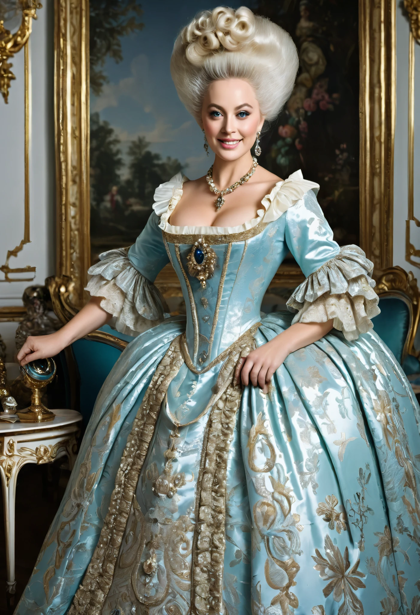 An authoritative real photo of a beautiful and celestial and majestic Marie Antoinette who is an honorable royal queen of france with large elegant, hawk-like-nose, who embodies old fashioned class, sophistication, elgance as well as wholesome, natural beauty. curvy, thin-waist, wide-hips, swaying-hips. Laura Vandervoort. Insanely and regally Oppulent and majestic sequined square neck historically accurate victorian governess rococo dress, the beauty of her face is devilishly high and hypnotic and her eyes are like pearls with wicked smile.