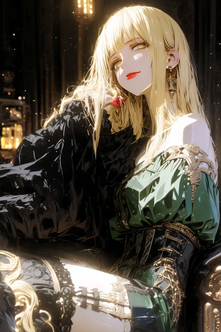 vampire,Silver Haired Girl,1 person,Green Eyes,Sit on a chair,Holding a teacup