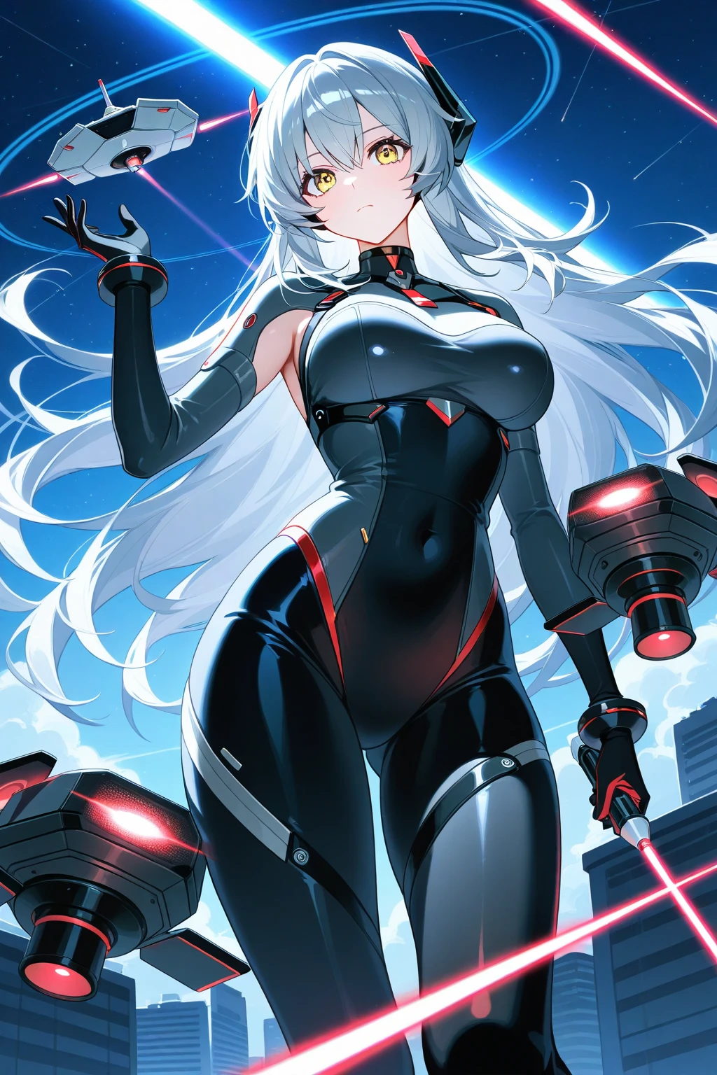 masterpiece, best quality, extremely detailed, 1girl, mature female, solo, (white skin:1.8), flay_strongest, (huge breasts:1.5), (((white hair, long hair, red eyes, wolf ears, wolf tail))), red lips, (((fortified_suit, black plugsuit))), light smile, (closed mouth), ((standing, dystopian city, cloudy sky))