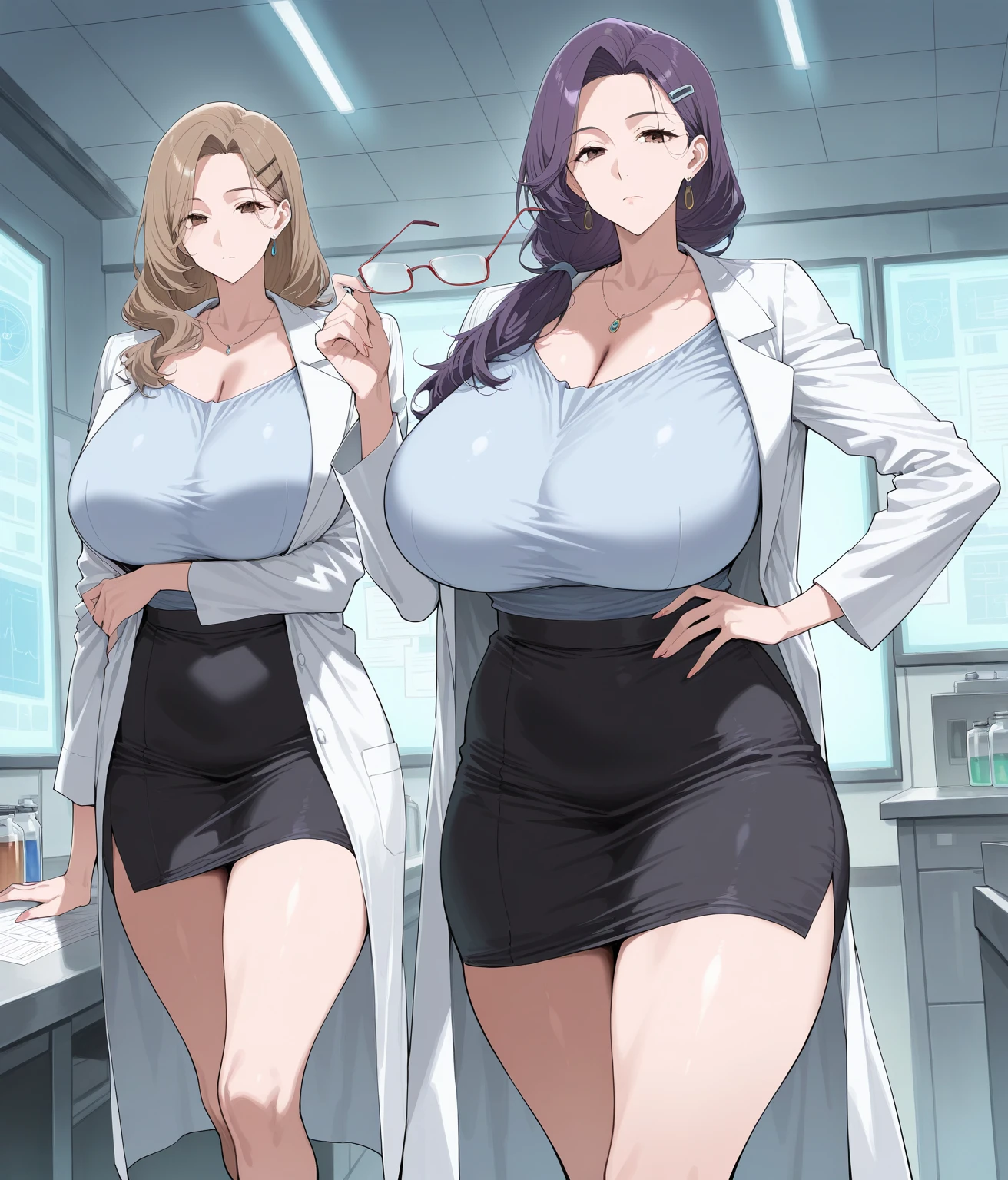 (multiple thick body mature women age 35 american milf super model) wearing bra and thong panties, show pen lab coat, show lift skirt, kitchen, nipples peeking out, glasses, hair in a big bun, necklace, annoyed expression, nsfw