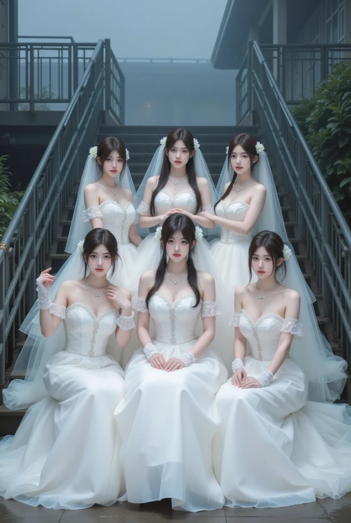 (futuristic white scifi dress, Grown heavy round chest), realistic, High quality, cinematic, scifi, movie still frame, A group of young women, A group of people standing around a tree in a room. A woman with long hair is beside the tree