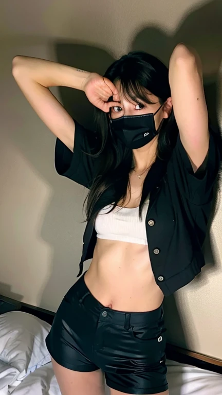 A Japanese woman with long jet black hair that completely covers her face, obscuring it entirely. She has a slender, tween-ish body with a flat chest, small butt, and a pronounced thigh gap. Her skin is pale, contributing to her eerie and aloof appearance. She often wears simple, loose-fitting clothes, adding to her mysterious vibe.
