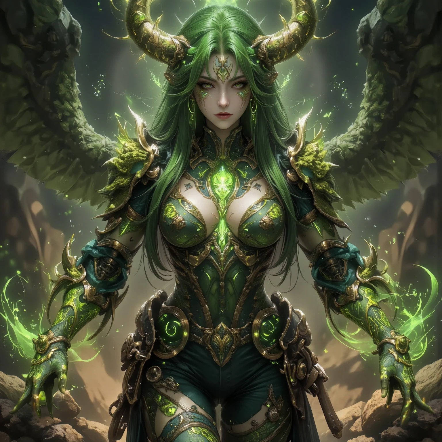 a masterpiece, (of a black fairy with a cyborg arm wearing alternative green leaf costume, large translucent wings), seductive, full body, natural pose, walking in a shadowy cave, Luis Royo, freedom, soul, digital illustration, ((steampunk style)), perfect anatomy, symmetrical face, well-turned eyes, beautiful face, elf ears, well-defined hips, (with belt with several pockets),  centered, almost perfect, dynamic, highly detailed, watercolor painting, art station, concept art, smooth, sharp focus, illustration, dramatic light, artwork by Carne Griffiths and Wadim Kashin, unique, award-winning, masterpiece, torn clothes