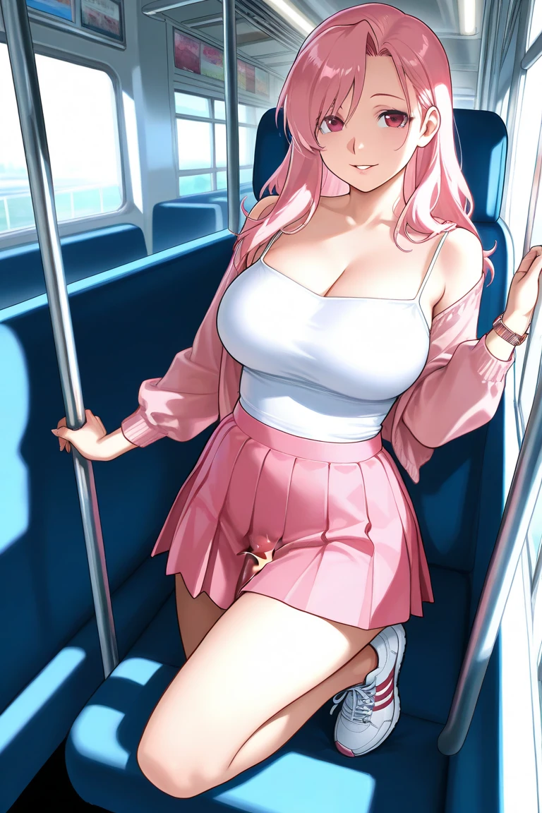 pink hair girl, ganbang, on train, having sex, massive oppai, peach pussy, spreading legs, tongue out, squirting, choker, peach pussy, squirting, sucking dick, dick inside pussy, fingering clitoris, pinching nipples, sperm