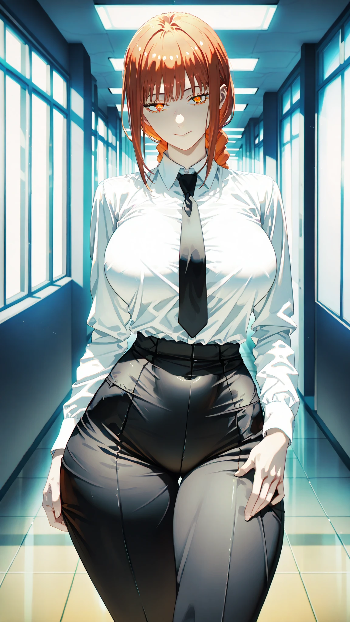 (masterpiece, best quality), 8k, ultra-detailed, realistic photo, detailed face, perfect illumination, beautiful eyes, bright ginger hair, bright hair, beautiful legs, side photo, beautifull, cute, skin pores, 1girl, standind in office, hiking, office pants, perfect shirt, full dressed, beautyful women 20 years, beautiful proportions, russian woman, caucasian, european, businesslady, stunningly beautiful woman, milf, thick legs, big chest, (thin white shirt:1.4), thick, hot, (white office clothes:1.4), skinny pants, (wide hips:1.2), thick, (white office pants:1.3), spread legs, legs open, in full growth, wide hips, glasses