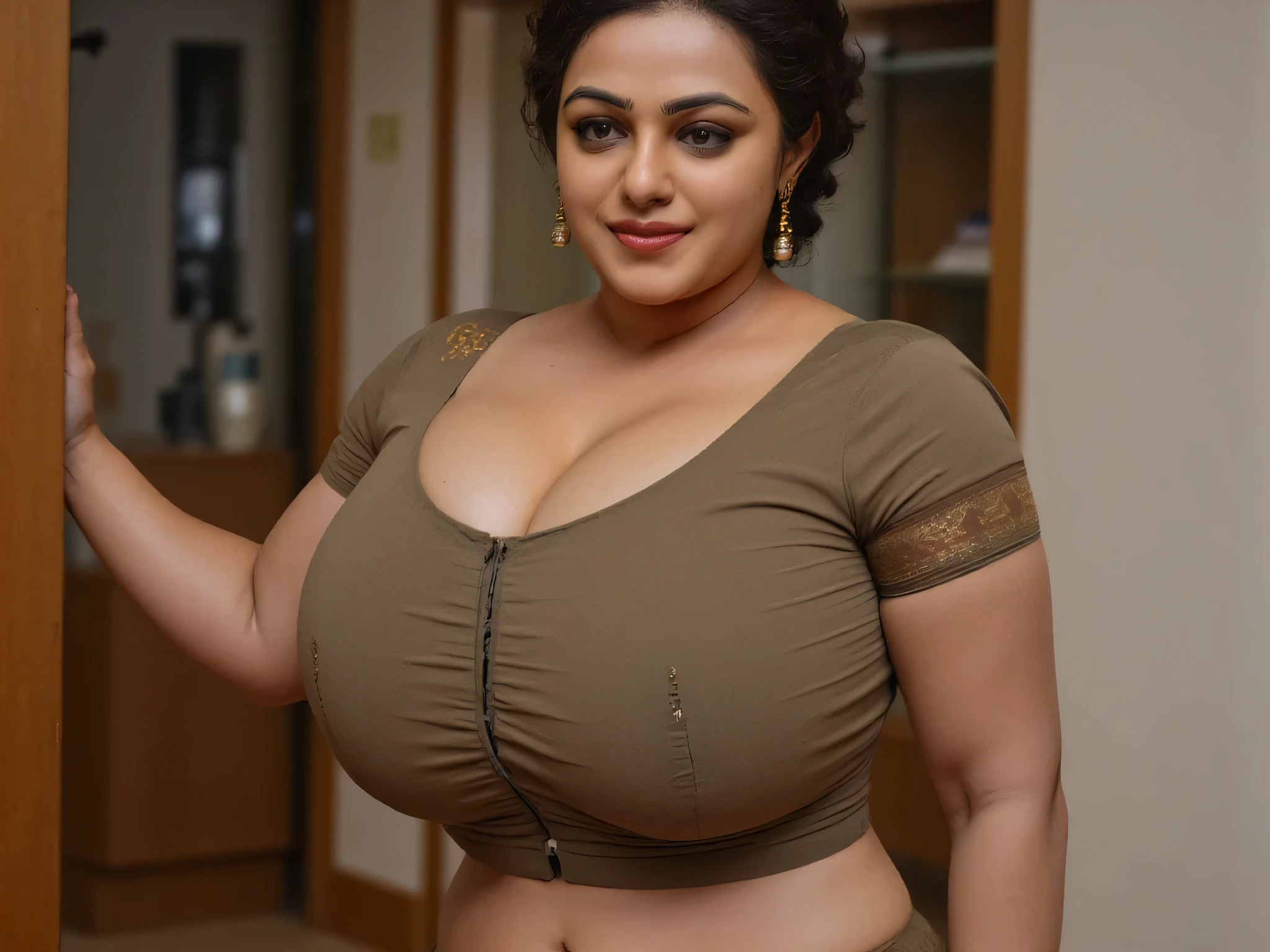 Hot indian curvy thick milf, thick thighs, woman wearing sleeveless and strapless green color tanktop and tight jean shorts, woman standing coming out of door looking at camera with a sexy tired blushing expression, her tanktop is featuring words “Milk tanks”!,