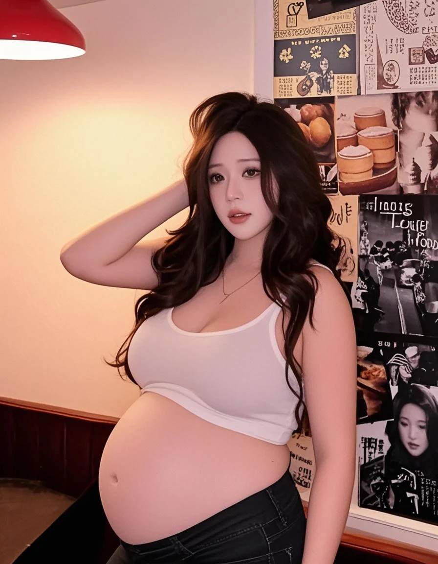 araffe woman with a black top and white pants posing for a picture, bbwchan, large breasts size, sie boob, she has a jiggly fat round belly, Open V chest clothes,, Busty, Yoshitomo Nara, generous dimensions, thicc