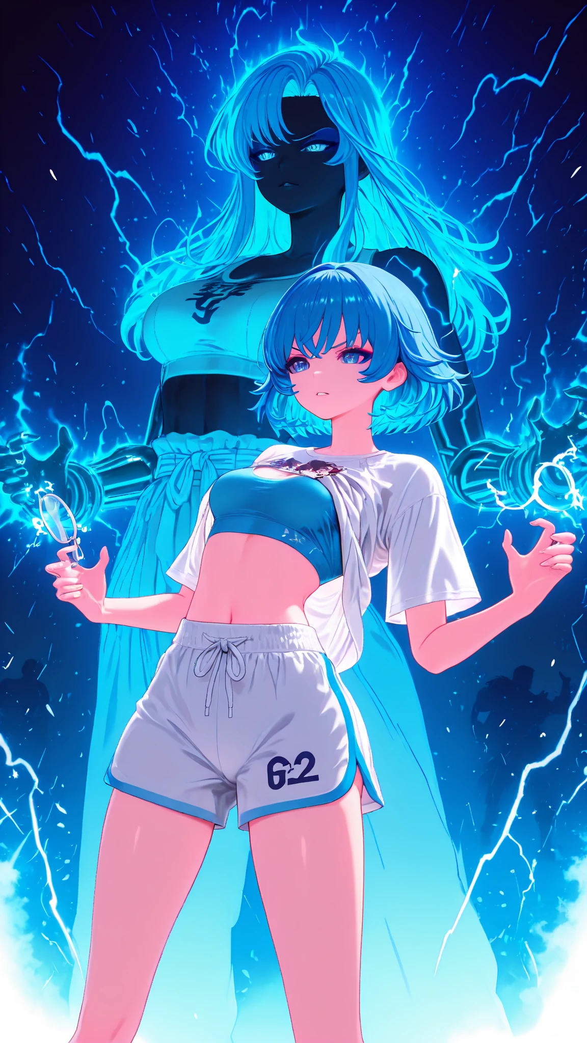 top-quality、Top image quality、​masterpiece、girl with((18year old、Best Bust、Bust 85,Beautiful blue eyes、Breasts wide open, Light blue hair and short hair、A slender、Large valleys、Light blue and black T-shirt with an open chest,Short skirt in dark blue、Reflecting the whole body、Black wristband on wrist、Star-shaped hair ornament、Red face、Slippery texture、Aura of water、Release water from the hands、Taut chest)）hiquality、Beautiful Art、Background with((Clear blue sky、Tornado in spring water、Water Waterfall、Water tornado、Intense water flow、water dragon)))masutepiece、visualart、depth of fields、