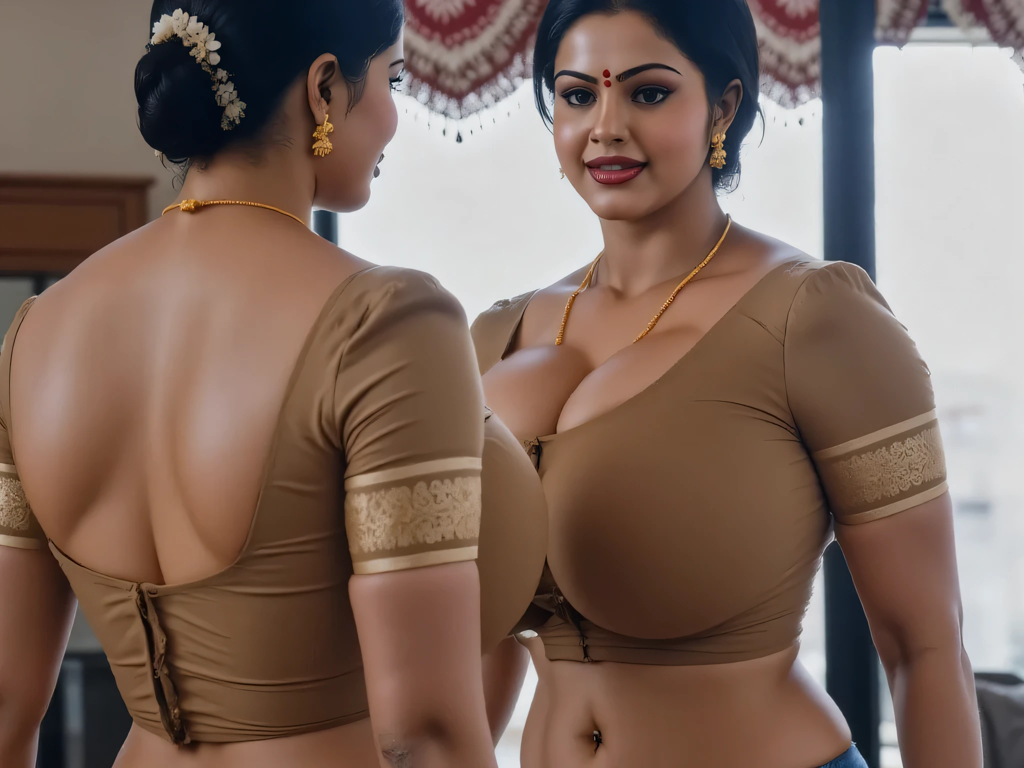 Hot indian curvy thick milf, thick thighs, woman wearing sleeveless and strapless tanktop and tight jean shorts, woman standing in front of a mirror, sexy pose