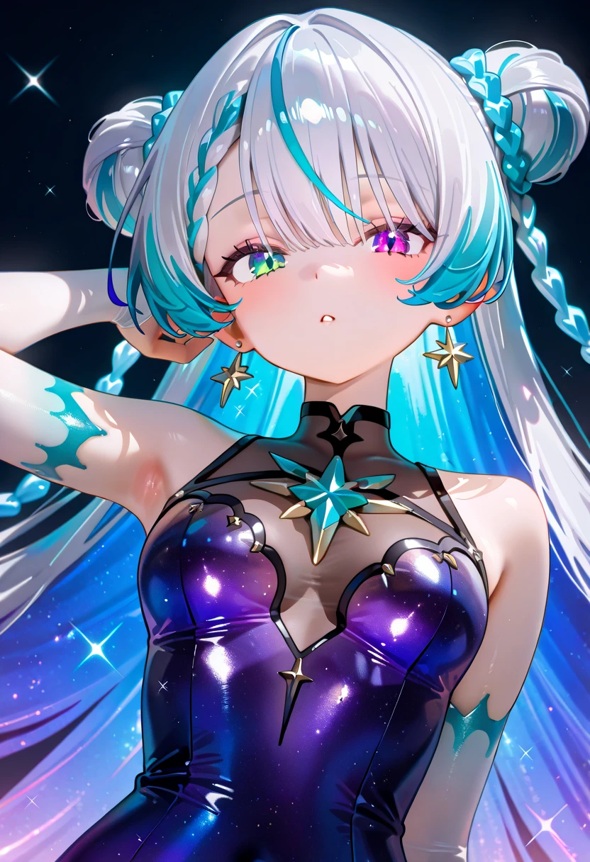 young woman, (((one person))), (((single))), (((solo))), (((slim body))), (((flat chest))), pointy ears, (((pale blue colored hair))), (((silver colored eyes))), (((iridescent eyes))), (glowing eyes), pale skin, (((very small breast))), galaxy in the background, space in the background, stars and planets in the background, ((fantasy style)), (((sparkling clothes))), (((metallic clothes))), (((glitter))), ((shiny clothes)), ((colourful sparkles)), (((floating in space))), ((holding a colourful glowing orb)), magic