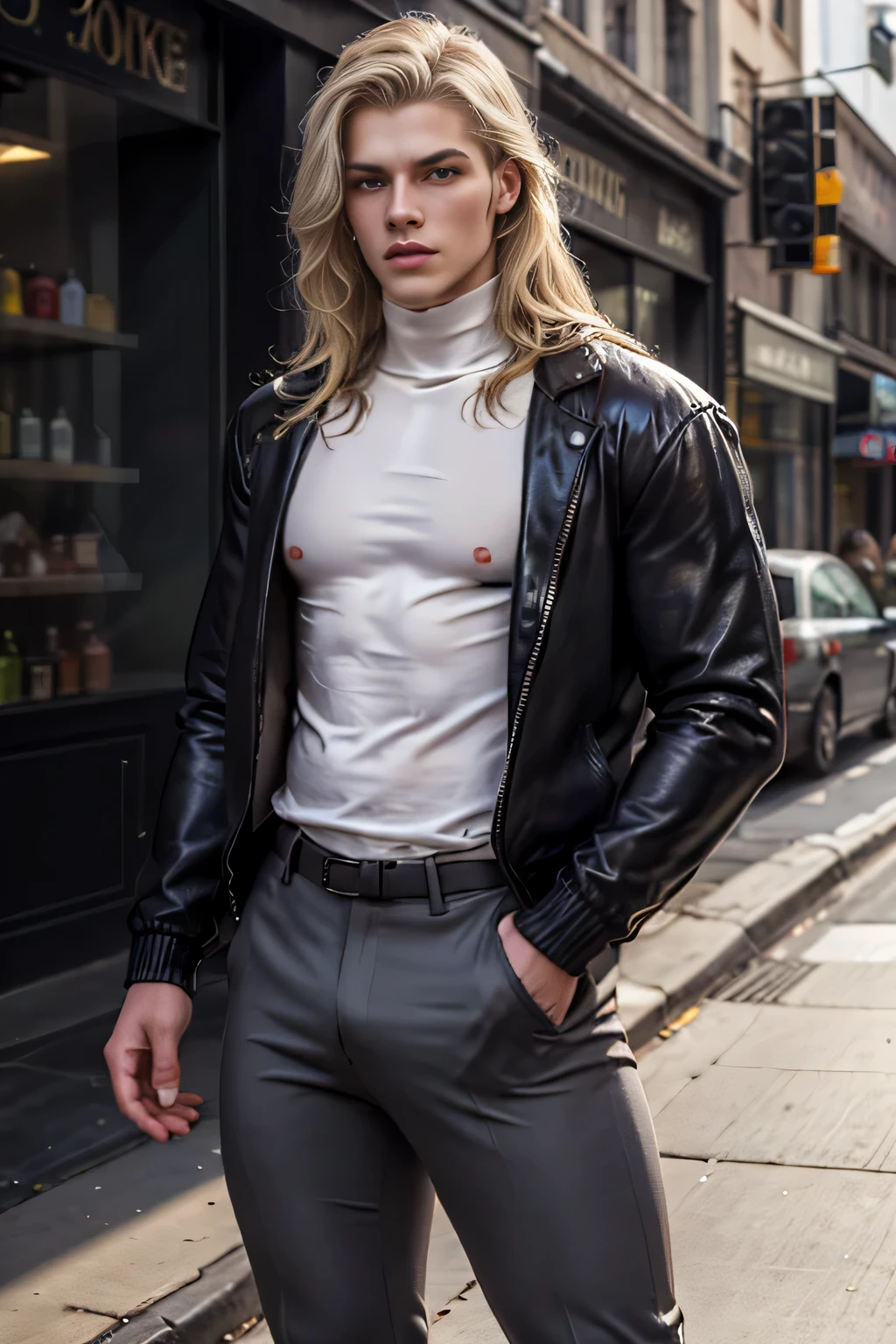 a portrait of 18 y.o caucasian male in leather outfits,pale skin,shap jawline, small nose,background is nyc night time, (high detailed skin:1.2), 8k uhd, dslr, soft lighting, high quality, film grain, Fujifilm XT3