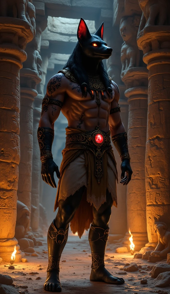 Anubis god of the underworld, One , whole body, ((Fire Element)), 