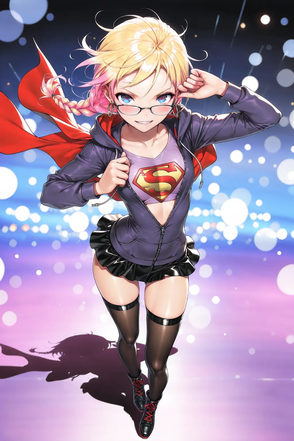 (full body), (masterpiece:1.2), (Highest_quality:1.2), (Ultra_detailed:1.3), 8K,Low - Angle,From below,1 Girl,alone,Big ass girl, red knee high long boots,wearing spcc costume with cape,( Supergirl), Blue leotard,Red mini skirt,Red Cape,gloves,hoshino-ponytail,hoshino \(blue archive\), heterochromia,medium hair,ponytail,pink hair,ahoge,Halation,Browsing Caution,Heart-shaped pupils,orgasm, Man muscle,machine,体をmachineに密着させる,Rubbing the crotch,Lean your body,