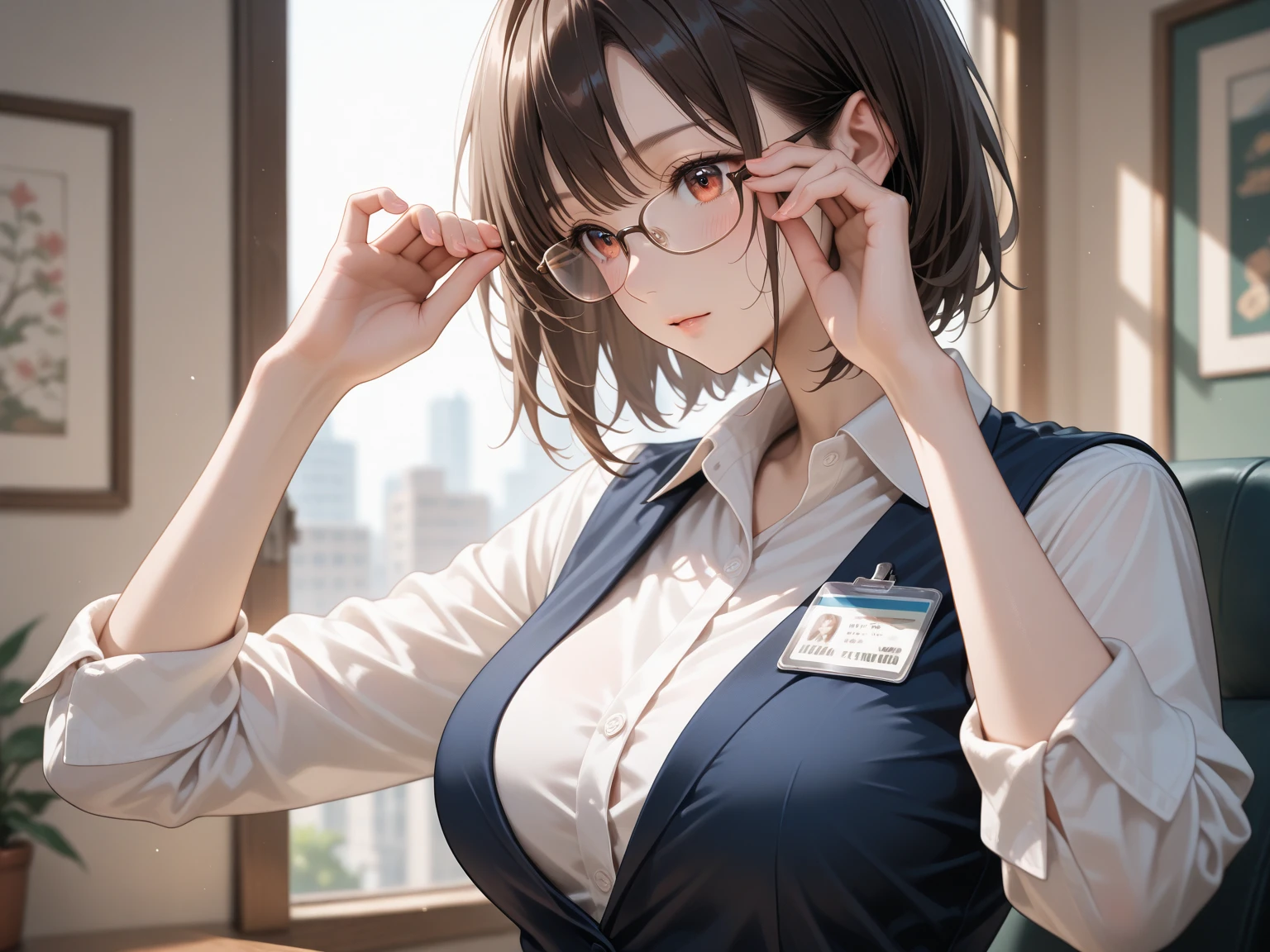 (masutepiece, Best Quality, Highly detailed, ultra-detailliert, High resolution, absurderes, 4K, 8K:1.2), (Official art, incredibly fine illustration, extremely details CG, Detailed background, Professional Lighting, Dynamic Angle, Perfect hands, Detailed shiny skin, detailed hairs, Detailed eyes), 1womanl, A MILF, Mature Woman, Long wavy hair, Glasses, medical room, (Doctor Coat:1.2), White shirt, Black slit skirt, Black stockings, Garter Belt, Black hair, Shiny hair, Shiny skin, cleavage, Leaning forward, Reaching out, close up of face