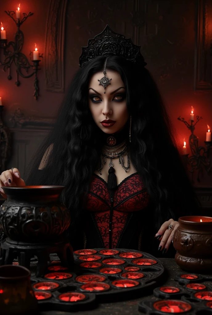 Man in woman's clothes in witchcraft ritual, candles, skulls, voodoo, blood ultra realistic image