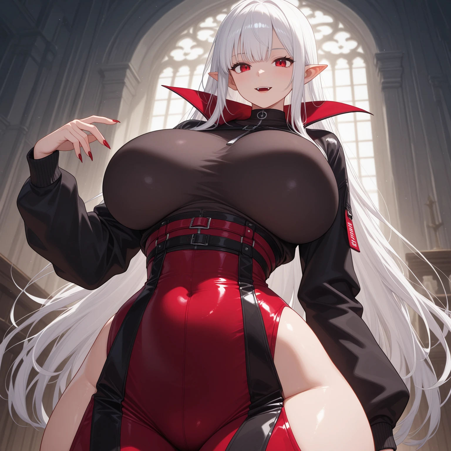 ((Masterpiece)),1 tall girl,voluptuous body,pale skin,white hair,red eyes,short black horns on head,black lips,short red dress,long black stockings,black heels,demon tail , sexy pose, school scene