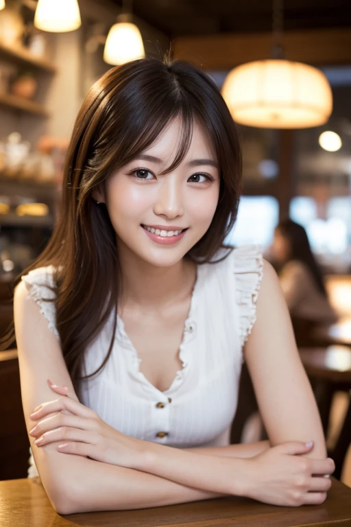 A very cute face like a 15-year-old idol Smiling Kindly ((whole body)) Medium Bust Cleavage Stylish evening wine bar Cinema lighting Natural light Artistic RAW Photos Genuine High quality that is indistinguishable from real life Real Stick High resolution