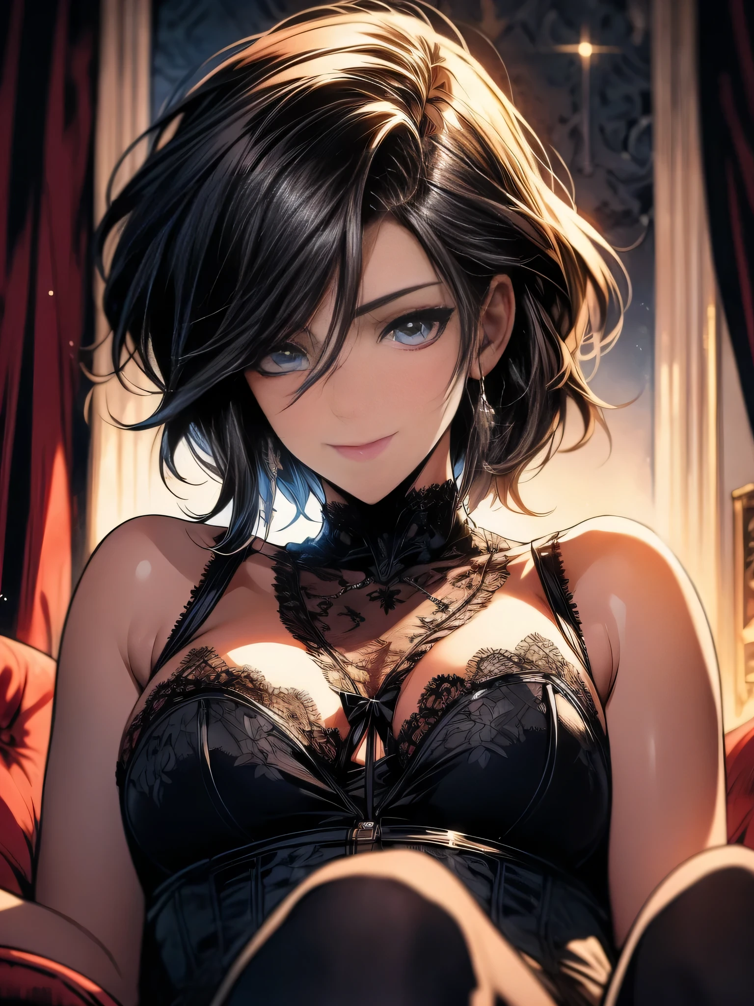 "(mysterious:1.1, dark background), a handsome and seductive femboy, delicate,(soft hair:1.2),posing confidently in a seductive pose, handsome boy."