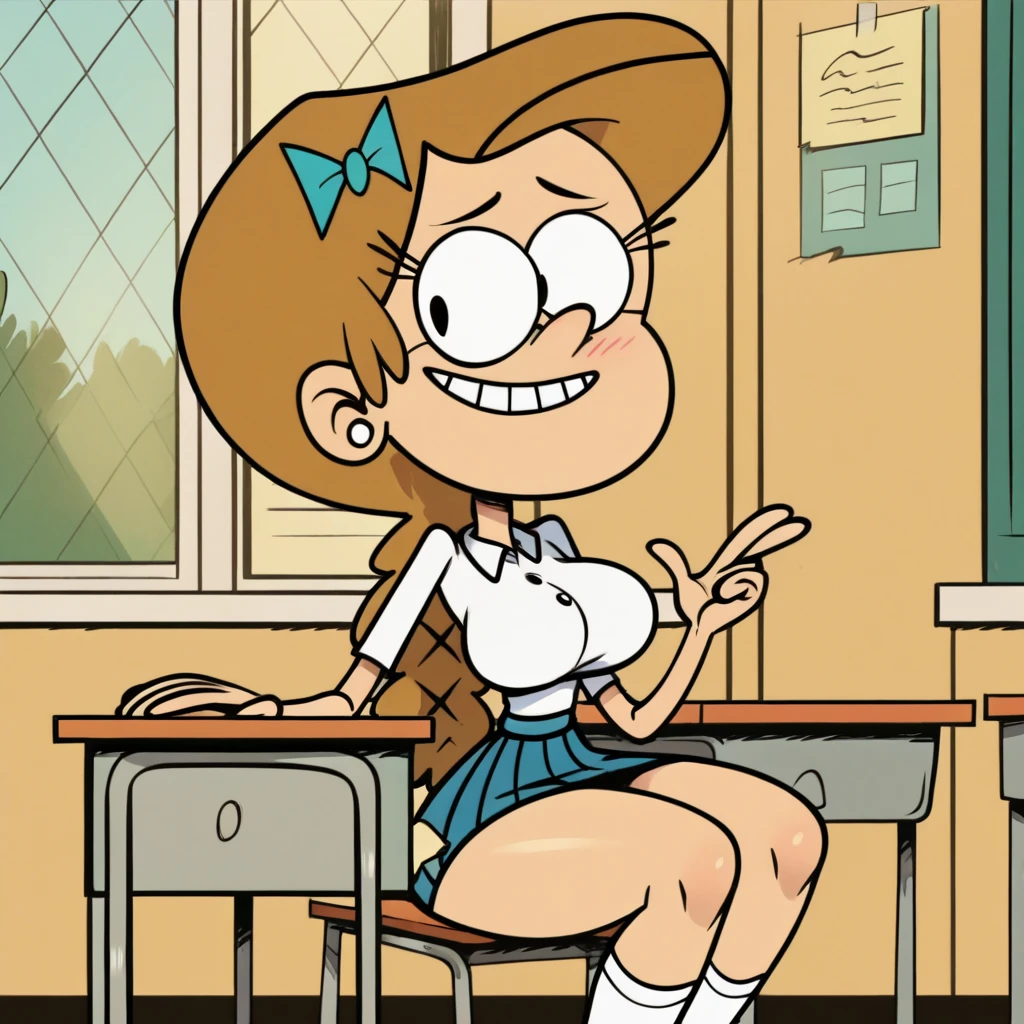 score_9, 1 girl, solo, barefoot, sit tied to a chair, full body , looking on viewer, Jessica, orange hair, hairband, short hair, purple skirt skirt, blue shirt, black pupils, full body, shy, sitting on desk, in classroom, light smile,