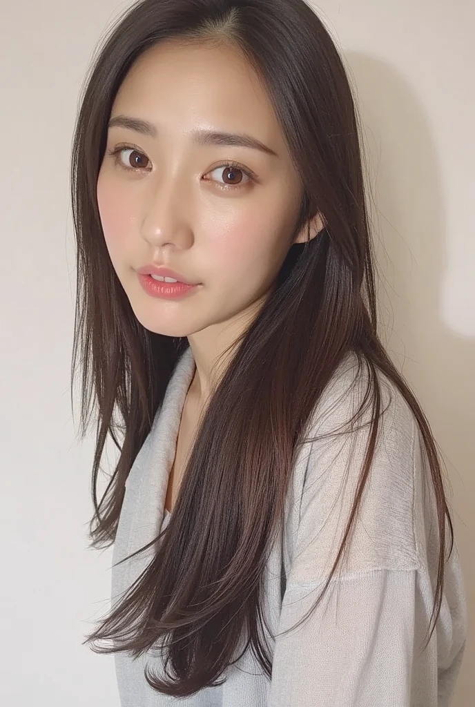 highest quality,masterpiece,Ultra-high resolution,(Realistic:1.4),Beautiful lighting, (Highly detailed CG Unity 8k wallpaper), Beautiful face in every detail,Detailed clothing, 50mm portrait photography, No background、One Girl,Big black eyes, cute, young, stop temporarily, Facial Lighting, Physically Based Rendering,Written boundary depth , Black Hair, Medium Hair, ((Take from above)), Japanese women、20-year-old、White shirt、(Big Breasts)、(Upper Body)、Young and beautiful woman taking a selfie, Taken with iPhone camera、In front of a white wall、Nipples are visible through the