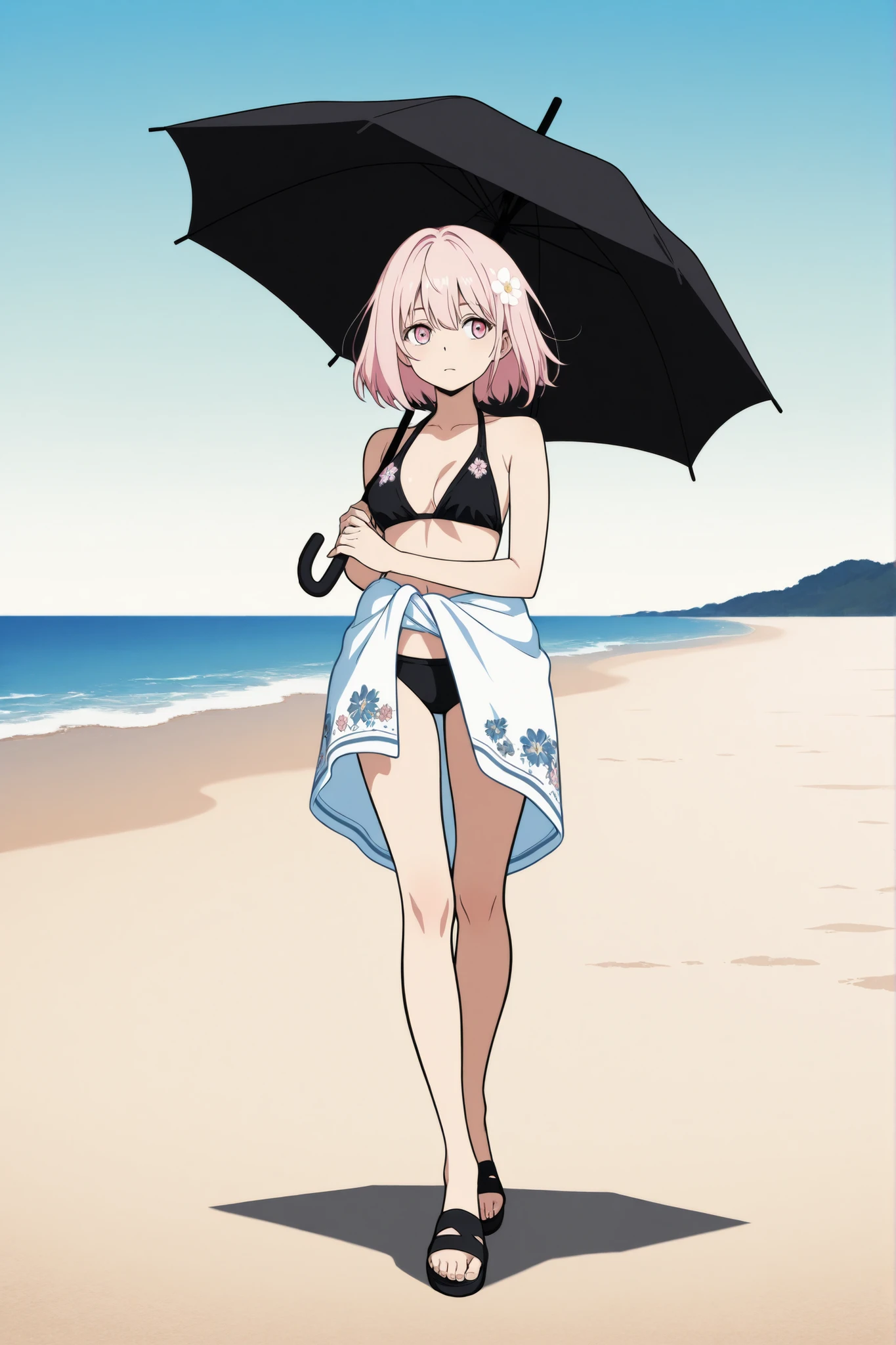 ((masterpiece, best quality,distinct image)), 1girl,solo, small breasts, dutch angle, eyewear on head,sexy, charming, grin, looking at viewer, cowboy shot, outdoors, tropical, sand, ocean, blue sky