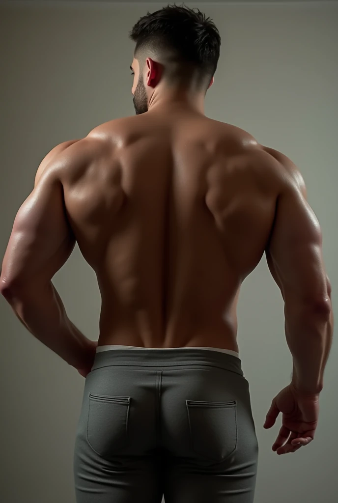 arafed man with no shirt on standing in front of a gray background, his back is turned, arched back, full growth from the back, his arms are behind his back, back pose, back arched, with his back turned, hunched shoulders, back - shot, arms behind back, chiseled muscles, in full growth from the back