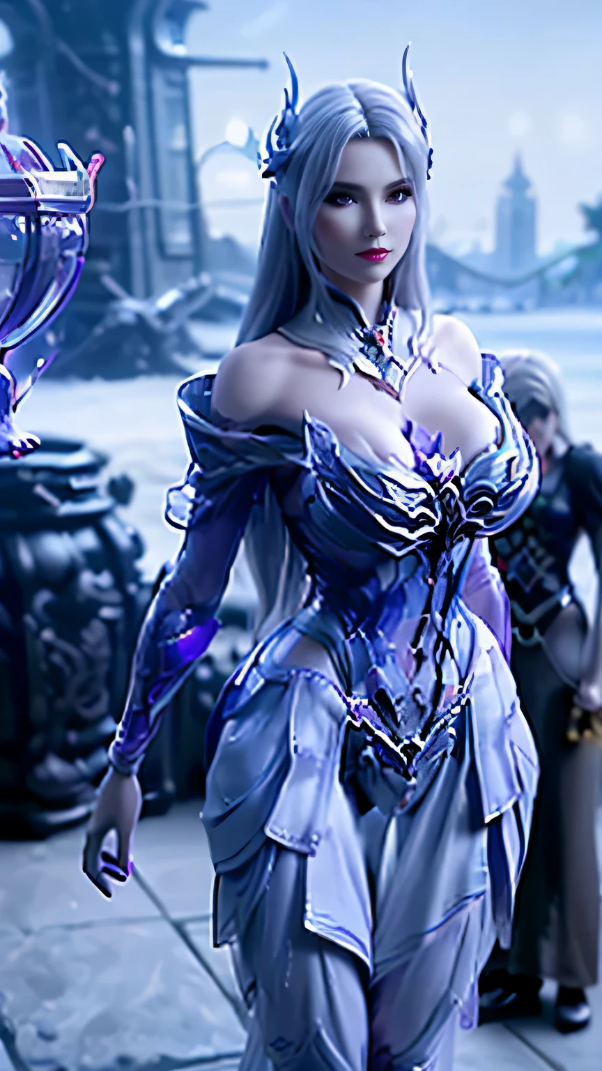 A BUSTY MILF, CLOSEUP UPPER BODY,SOLO, ((DRAGON MECHA HORN,DARK LONG HAIR)), (GIANT FAKE BREASTS, DEEP CLEAVAGE, EXPOSE ABS:1.5), ((WEARING OUTFIT SILVER, PURPLE, CRIMSON RED DRAGON MECHA TRANSFORMERS SKIMPY ARMOR with a massive glowing energy Ring hovering behind them:1.5)), (MUSCULAR HOURGLASS BODY SHAPE:1.5), (White porcelain SKIN:1.5), (LOOKING AT VIEWER:1.6), (BACKGROUND FUTURISTIC SPACE STATION:1), (PHOTOREALSITIC:1.4), (ULTRA-DETAILLIERT), (TOP-QUALITY), (BEST SHADOWS), BRIGHT LIGHT IN ROOM, HYPER TEXTURE, (8X MSAA), ((UNREAL ENGINE 5 RENDER)), (NEON), PHYSICALLY-BASED RENDERING, ULTRA HIGHT DEFINITION, 16K, 1080P.