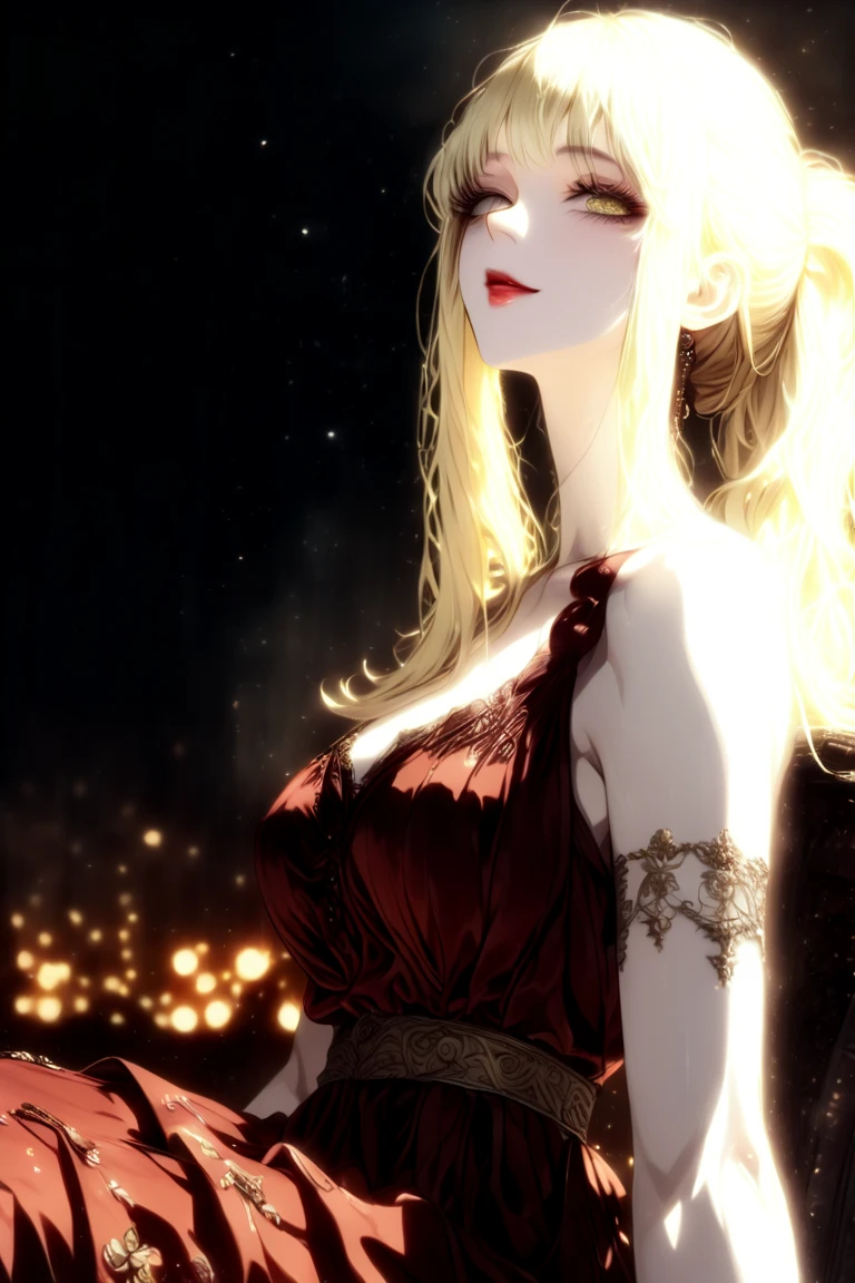 fullbody painting,detailed full body portrait,(The girl looks up at the stars), masterpiece, best quality, realistic illustration, regal elegant drow elf witch looking over porcelain balcony, arm support, (piercing red eyes), portrait, close-up, depth of field, (light particles:1.1), bloom, HDR, night sky, Mandy Jürgens (Mandy Jurgens) Realistic paintings created, arte figurativa, Detailed depiction of the, realistically, An artwork of, contours, seen from the side, simple backgound, fantasy, princess Targaryen, full-length, garden, white hair, in a red and black dress embroidered with gold threads of rubies and diamonds, ((top-quality、masterpiece、photographrealistic:1.4、in 8K))、delicate and beautiful face、(Luxury red dress in medieval European style、Princess)、Luxury accessories、European-style castle、Cinematic lighting、Textured skin、Super Detail、high detailing、High quality、hight resolution,
White skin, (Fox ears), looking at viewer, doe eyes, Exquisite eyes,Red Eyeshadow, Red lips, Ukiyo-e, masterpiece, high quality, at the lowest limit, Tiny,White boots,Huge breasts,Bare shoulders,,Lace,Lace stockings,Lace skirt