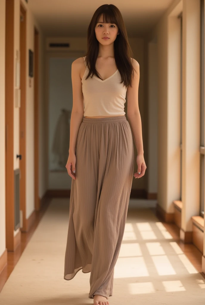 (highest quality, 8K, 32K, table top, nffsw:1.2), 1 girl, beautiful japanese woman, Natural light, hotel room, Standing near the bed, tight waist, Summer knit mock neck sleeveless tops, cashmere tethered pants, detailed face, short hair, ankle strap high heel pumps, gray suede high heel pumps, happy expression, look at the viewer, ((Full body standing))