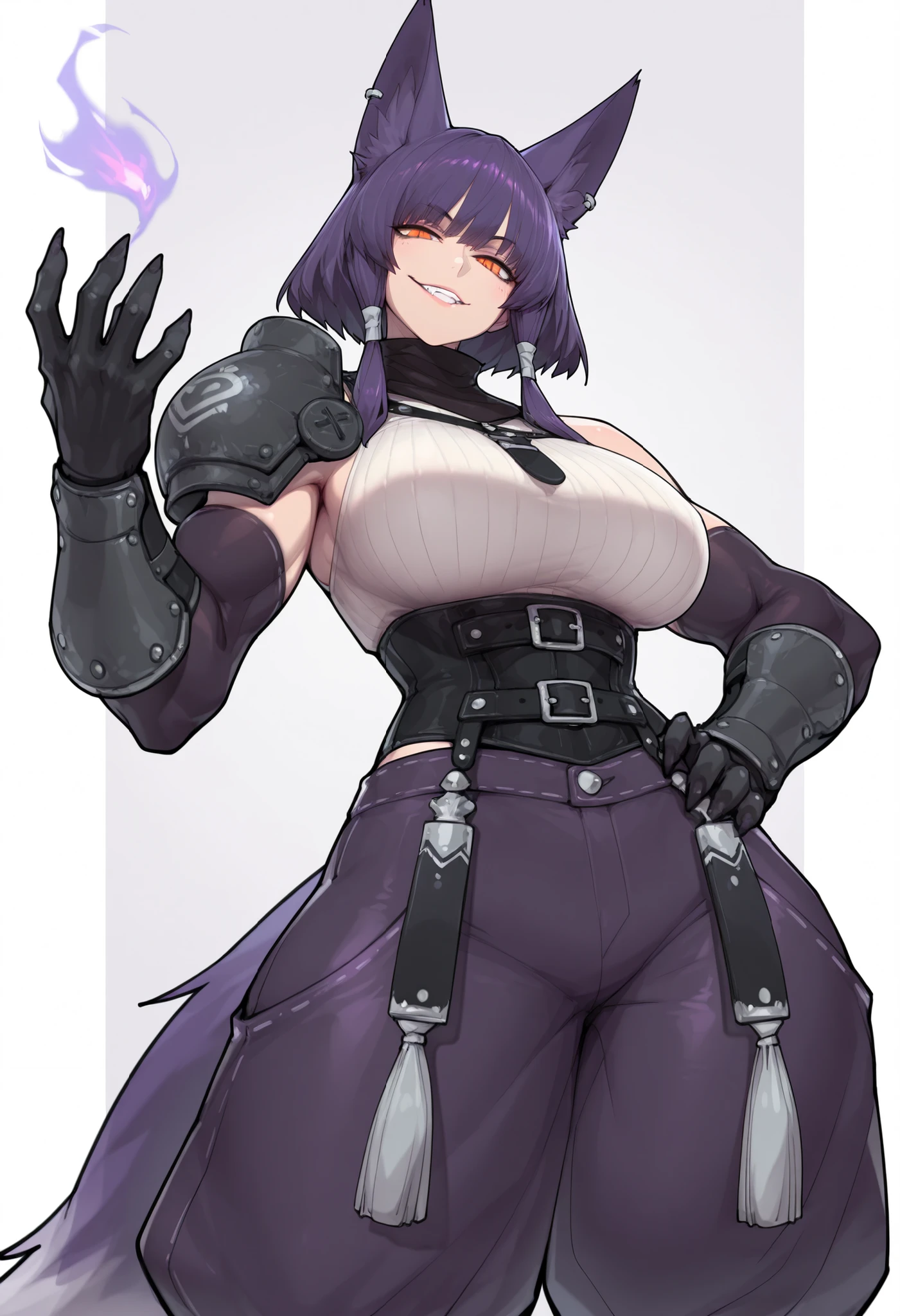Cat ear、Ultra-detailed illustrations、Ultra-precise expression、masterpiece、Highest quality、ultra High resolution、High resolution、Hiromitsu Takeda Style、White background、Simple Background、One girl、solo、Mash Kyrielight、light purple hair、short hair、hair over one eyes、Purple eyes、Big Breasts、Choker of Hearts、White Breath、Sweat、Glowing Skin、shiny skin、(Purple fur bikini、Elbow Gloves、Fur Trim グローブ、Fur Trim レッグウェア、Fur Collar、Fur Trim、purple gloves、Purple Knee Socks、Purple heeled boots)、