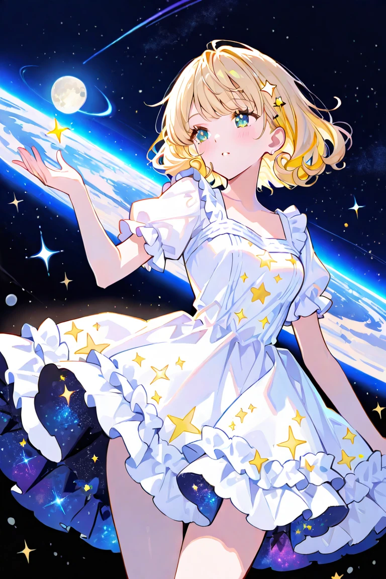 Absurd resolution, high resolution, (masterpiece: 1.4), super detailed, girl alone, from above, space, floating, blonde, petite, short hair