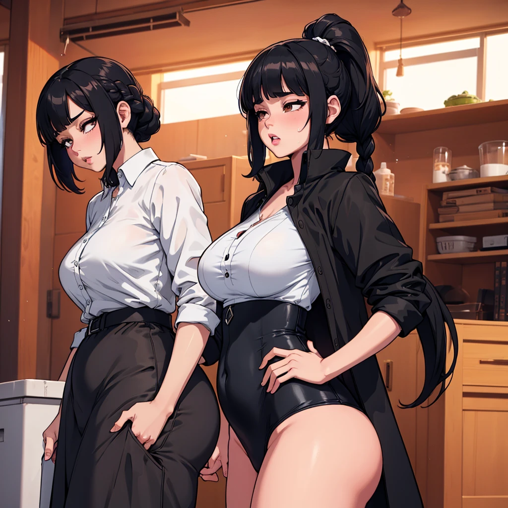A 28 year old woman with black hair and yellow eyes, huge tits and a huge ass wearing a pink wool shirt and black pants