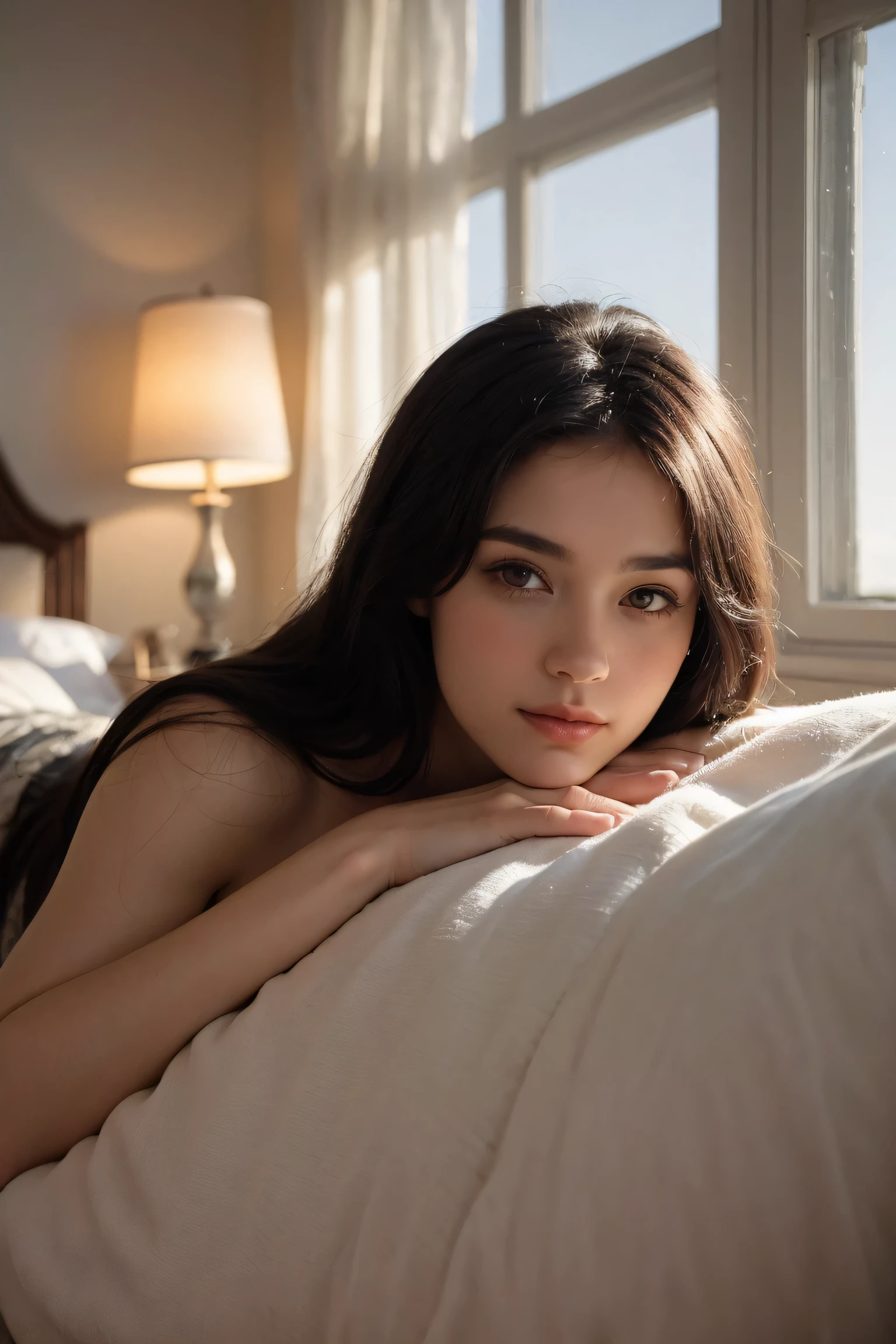 A beautiful woman rendered in ultra-realistic 3D style, cinematic lighting, soft skin texture. She has large eyes, long straight black hair, a small nose, fair glowing skin, and graceful long legs. She is lying elegantly on a bed, partially wrapped in soft fabric, with a serene and gentle expression. The room is dimly lit, with warm tones and a soft beam of sunlight coming through the curtains. Delicate shadows and textures create a sensual but tasteful mood. Artistic, peaceful, elegant.