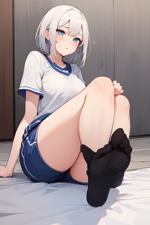 nsfw,1girl,foot,legs,masterpiece,best quality,very aesthetic, absurdres,pale hair,pale eyes,light blue eyes,Detailed eyes,(Toes),(buruma)